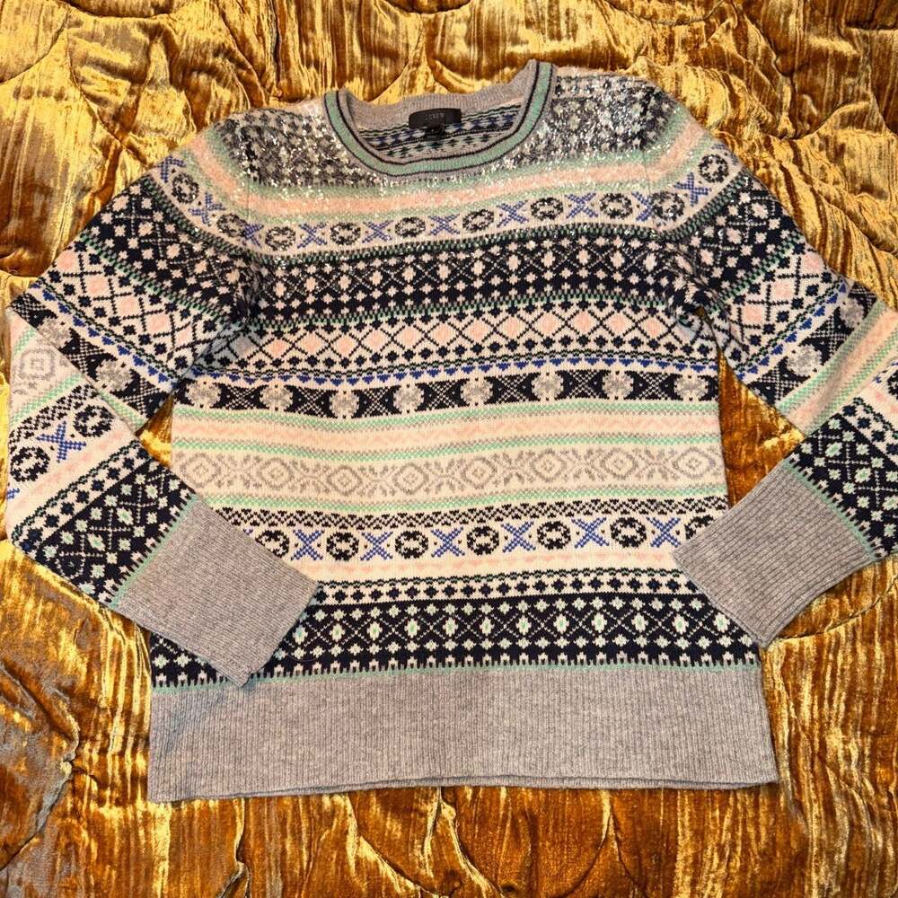 J Crew Lamb’s Wool fairisle pastel sweater with clear sequins women’s small